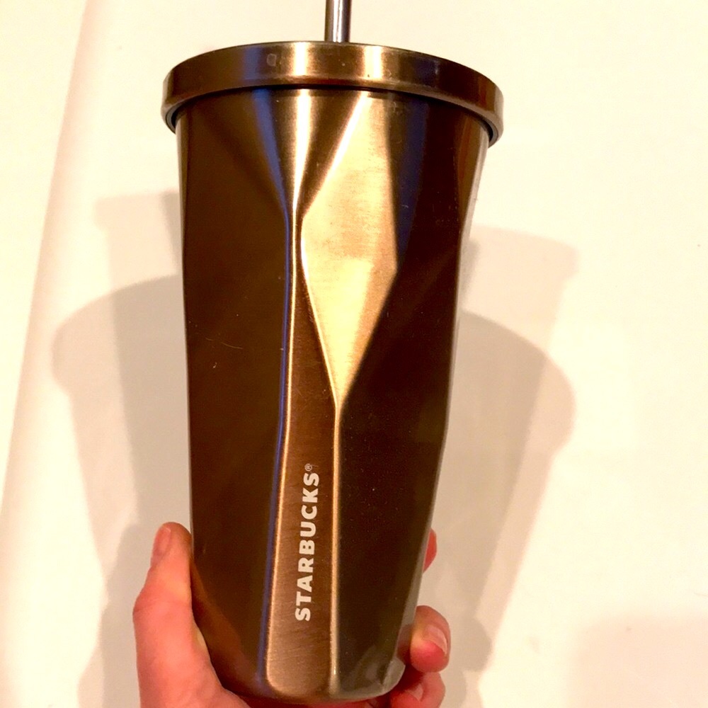 Starbucks beveled insulated lidded double walled metallic rose gold straw cup